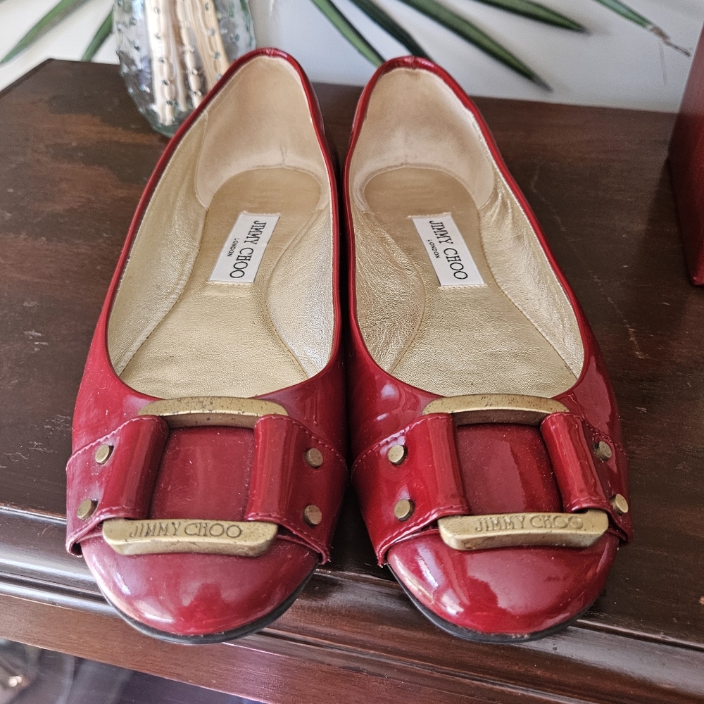 Jimmy Choo Glossy Patent Leather Red Flats with Gold Accents - Size 38.5